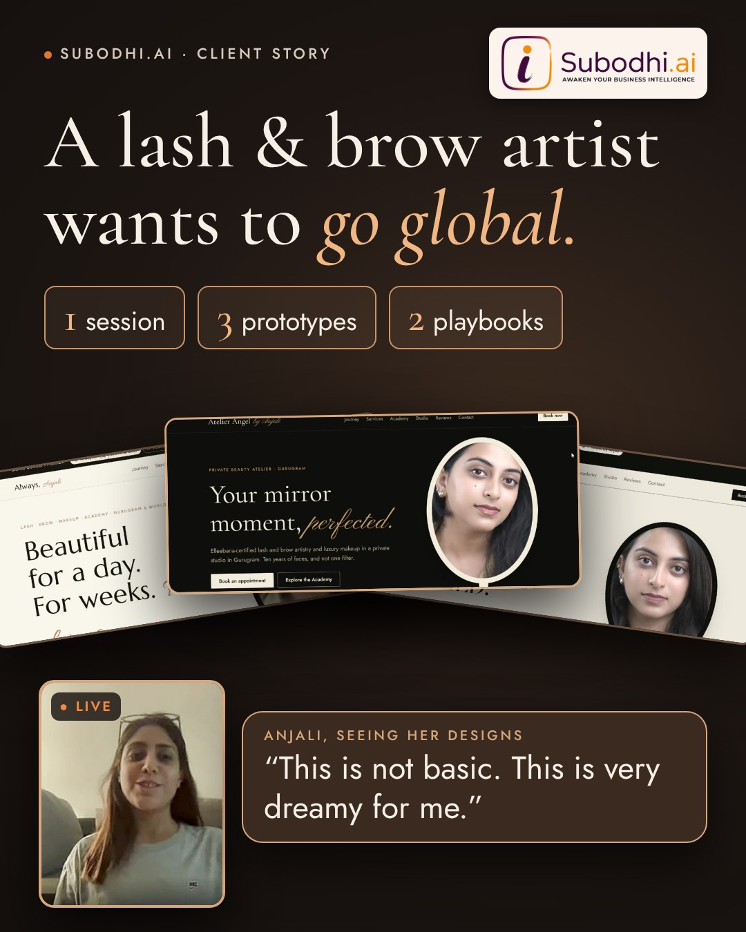 Three website prototypes designed for a beauty business, with the owner reacting live: “This is not basic. This is very dreamy for me.”